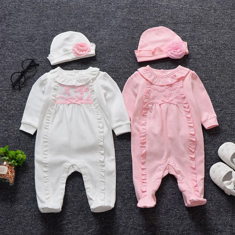 Детский кружевной комбинезон с шапками и цветами на осень/весну|baby girl footies|baby