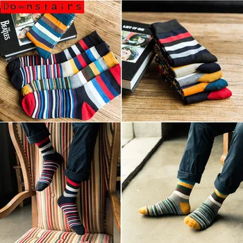 

Downstairs Men Striped Cotton Socks Multi Color Fashion Colorful Ankle Socks Men Autumn Winter Dress Socks