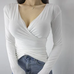 Sexy V Neck T Shirt Women 2022 Autumn Cotton Basic Tshirts Long Sleeve Top Slim Solid Clothes Tee Shirt Femme Camisetas De Mujer