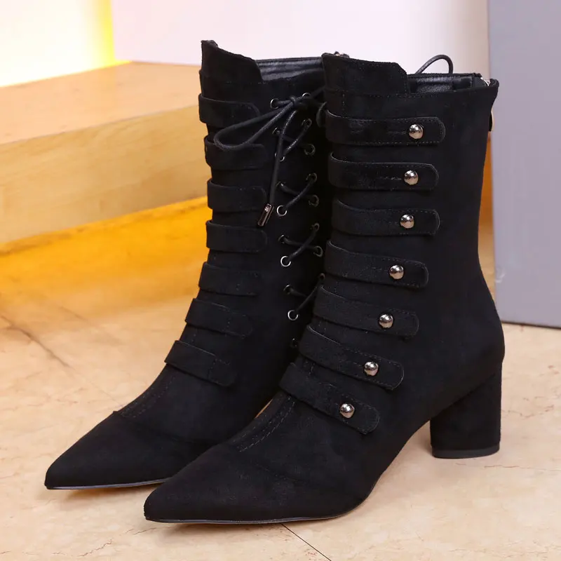Botas mujer invierno/Новинка года; зимние сапоги средней высоты; обувь с острым носком и заклепками; женская пикантная Обувь На Шнуровке; chaussures femme; обувь на высоком каблуке - Цвет: as pic