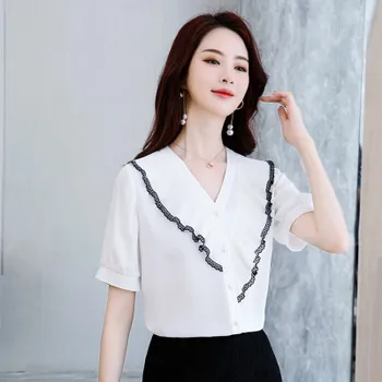 

2020 new V-neck chiffon shirt with wavy black collar trim female models orange