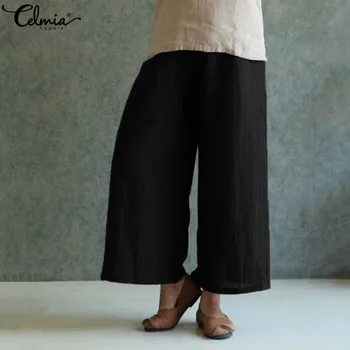 

Celmia Plus Size Vintage Wide Leg Pants 2020 Fashion Women Elastic Waist Cotton Pantalon Femme Casual Loose Summer Long Trousers