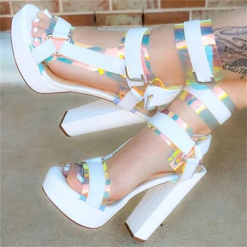 

Women's High Heel Shoes 2020 Summer Sexy Bling Buckle Ladies Dress Party Pumps Peep Toe Chunky Heel Female Sandals 35-43 Size