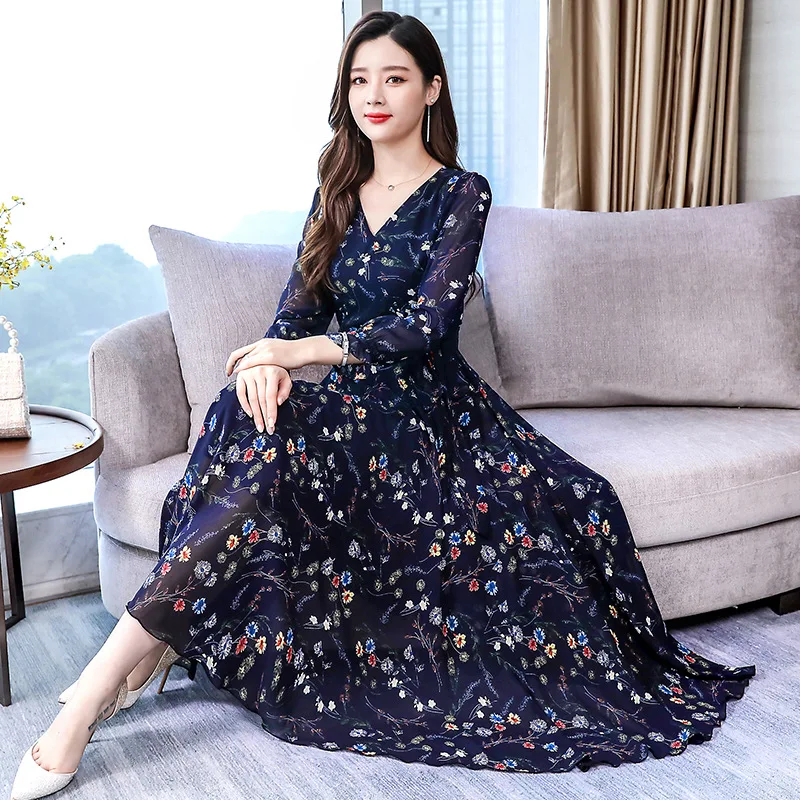 

Chiffon dress female 2019 autumn new V-neck Slim fit long-sleeved printed dress large size M-3XL high quality elegant vestidos