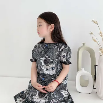 

2020 New Style New Summer Universe Pattern Baby Girls Black Dress Boutique Cherry Brand Floral Pattern Dress for Girls