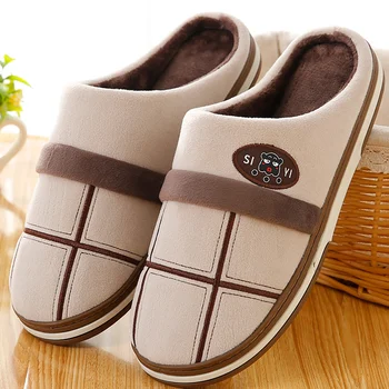 

Winter Men's slippers Short Plush soft Indoor Slippers Man Fashion Gingham Comfy Indoor shoes For male Big Size 46-51