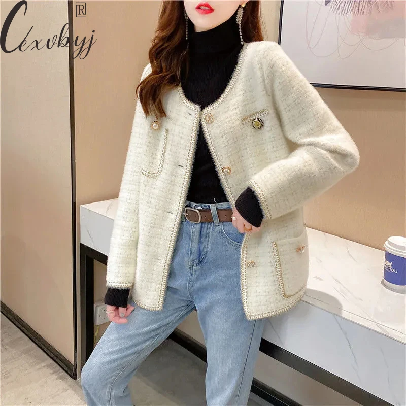 

Loose Knitted Sweater Jacket Women Elegant O-Neck Tweed Jacket Soft Long Sleeve Crochet Cardigan Preppy Style Autumn Knit Coat