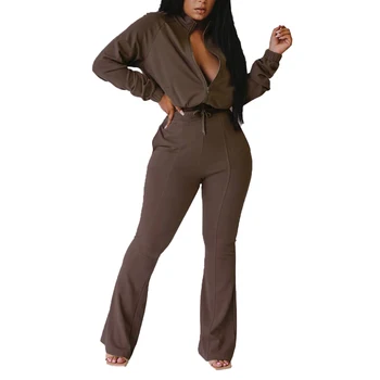 

Two Piece Clothing Set, Stand Collar Zipper Long Sleeve Top With Bell-bottoms, Solid Outfit for Spring And Autumn