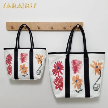 

SARAIRIS New Flowers Printed Canvas handbags Leisure The large capacity shoulder bags Soft Casual Tote Bags Women