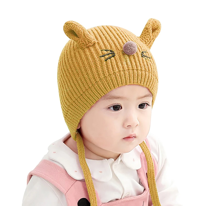 Зимние милые теплые шапки для новорожденных девочек и мальчиков, дизайнерские вязаные шерстяные шапки с ушками