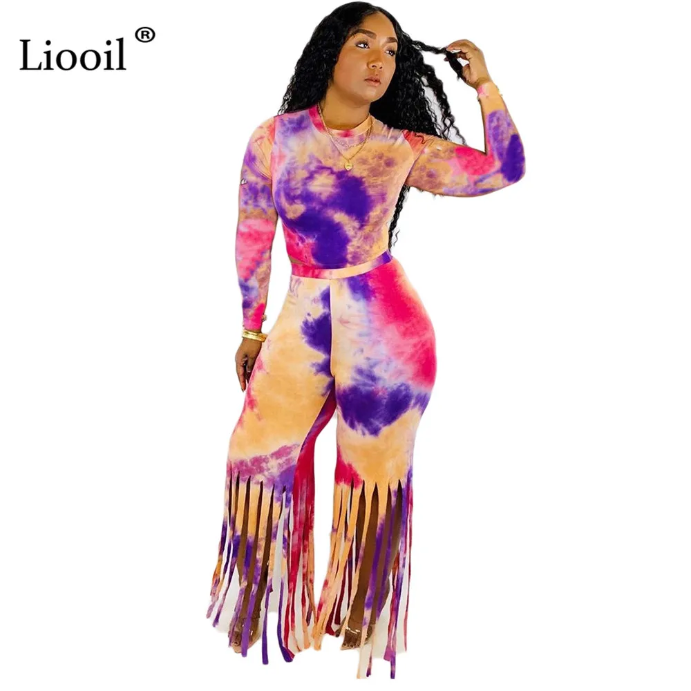Liooil Green Tassel Bodycon Женский комплект из двух предметов галстук-краска сексуальные плотные комбинезоны осень длинный рукав О-образный вырез вечерние клубный комбинезон