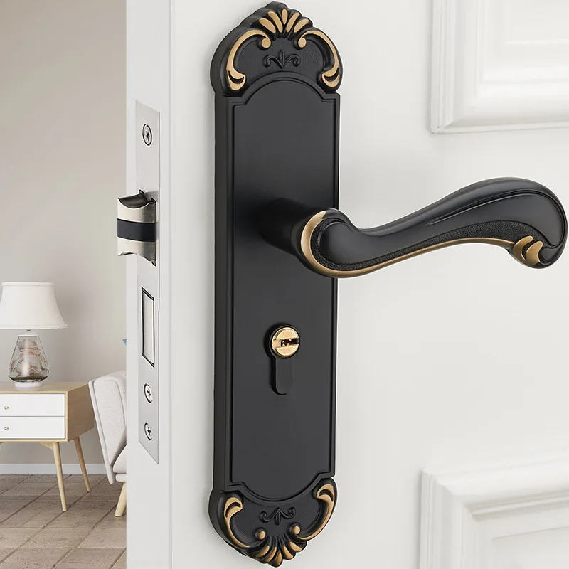 

European Style Bedroom Door Lock Indoor Door Lock American Simple Black And White with Pattern Solid Wood Door Handle Mute House