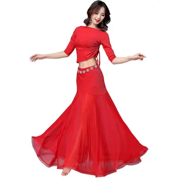 

2020 New Dance Clothes Suit Tops + Skirt Spring Belly Dance Costume Silver Silk Swing Skirt Show Practice Female