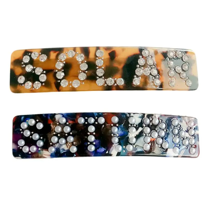 

Women Retro Leopard Acetate Spring Hair Clip Imitation Pearl Rhinestone Letters Rectangle Spring Ponytail Clamp Jewelry Barrette