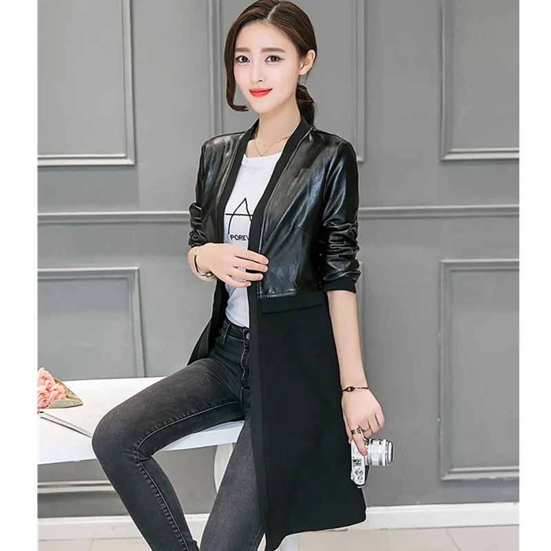 UHYTGF Spring leather jacket female fashion splice leather cardigan coat Long sleeve black Slim women's jacket Big size top 463