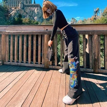 Black Dragon Embroidery Jeans Y2K High Waist Straight Pants Gothic Punk 2000S Aesthetic Boyfriend Jean Tide Women Long Pants