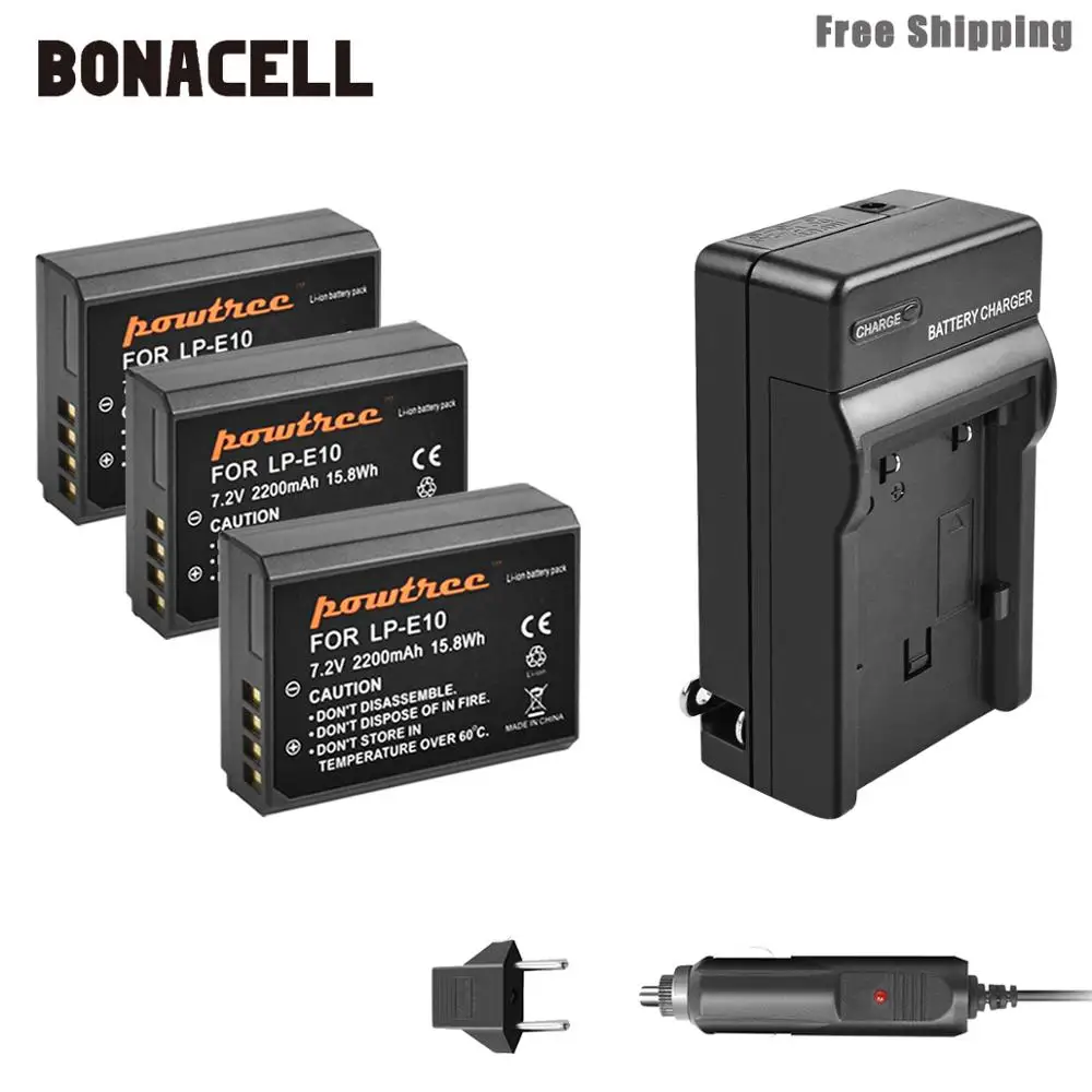 Bonacell 2200 мА/ч, LP-E10 LP E10 LPE10 Камера Батарея+ Зарядное устройство для Canon 1100D 1200D 1300D Rebel T3 T5 поцелуй X50 X70 Батарея L50 - Цвет: 3 Pack Battery