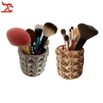 

Cool Crystal Makeup Brush Organizer Case Metal Base European Style Eyebrow Pencil Lipstick Cosmetic Jewelry Storage Display Box