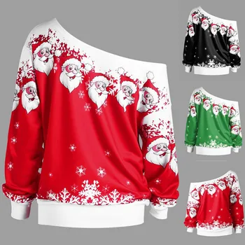 

Women Sweatshirt Merry Christmas Santa Claus Print Skew Collar Female Sweatshirt Blouse Xmas Printed Tops 2020 Plus Size #L20