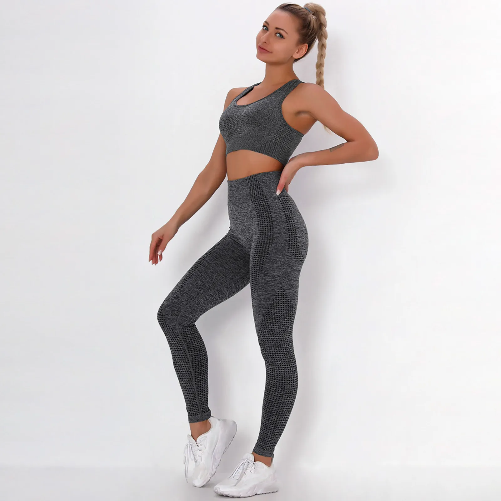 Seamless Women Yoga Set Women's Pure Color Hip-lifting Sports Fitness Running High-waist Vest Yoga Leggings Sports Suit 1
