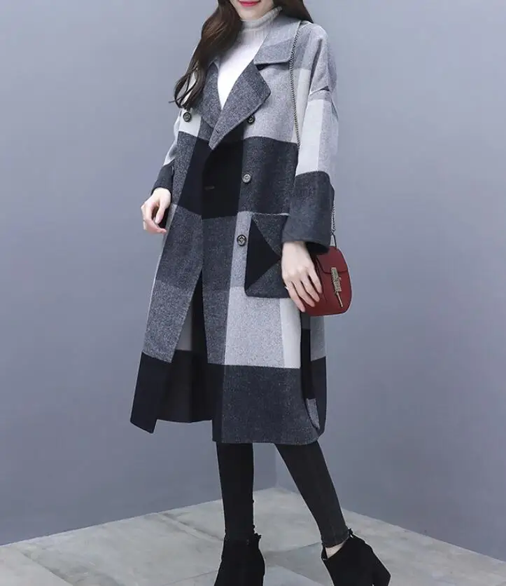 Женское длинное шерстяное пальто весна осень свободное контрастное черное белое Женское шерстяное пальто Топ Дамская уличная Тренч с поясом