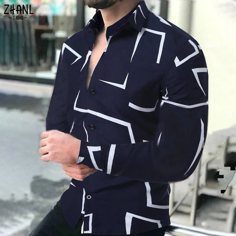 KLJR Men Badge Trendy Slim Long Sleeve Lapel Collar Button Down Shirts Tops