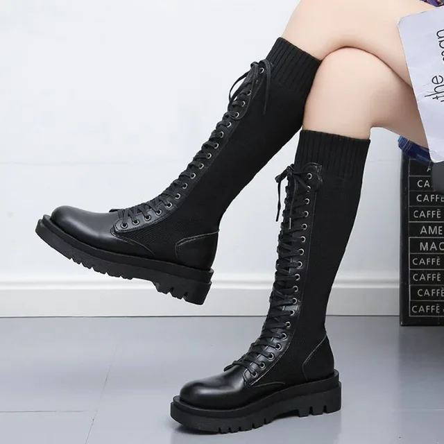 Lace Up Knitted Leather Boots  3