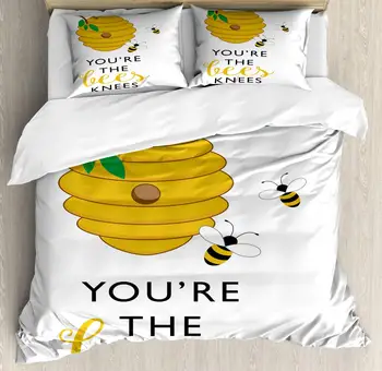 

Honey Bee Duvet Cover Set You're The Bees Knees Typography 3 Piece Bedding Set Pale Earth Yellow Umber Jade Green and Dark Brown