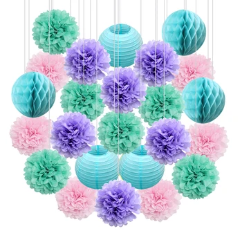 

24pcs Blue Pink Set 6" 8" 10" 12" Round Paper Lantern For Baby Shower Wedding Party Decor Hanging Paper Pompoms Decoration