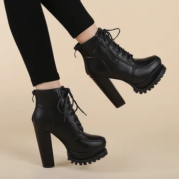 

Korean Lace-up Wild Short Boots Plus Velvet Martin Boots 13 Cm High Heel Ankle Boots Thick with Waterproof Platform Womens Boots