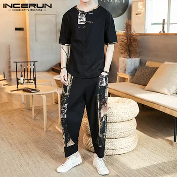 

INCERUN Chinese Style Printed Men Sets Short Sleeve Casual Shirt Vintage Elastic Waist Pockets Pants Street 2020 Men Sets S-3XL