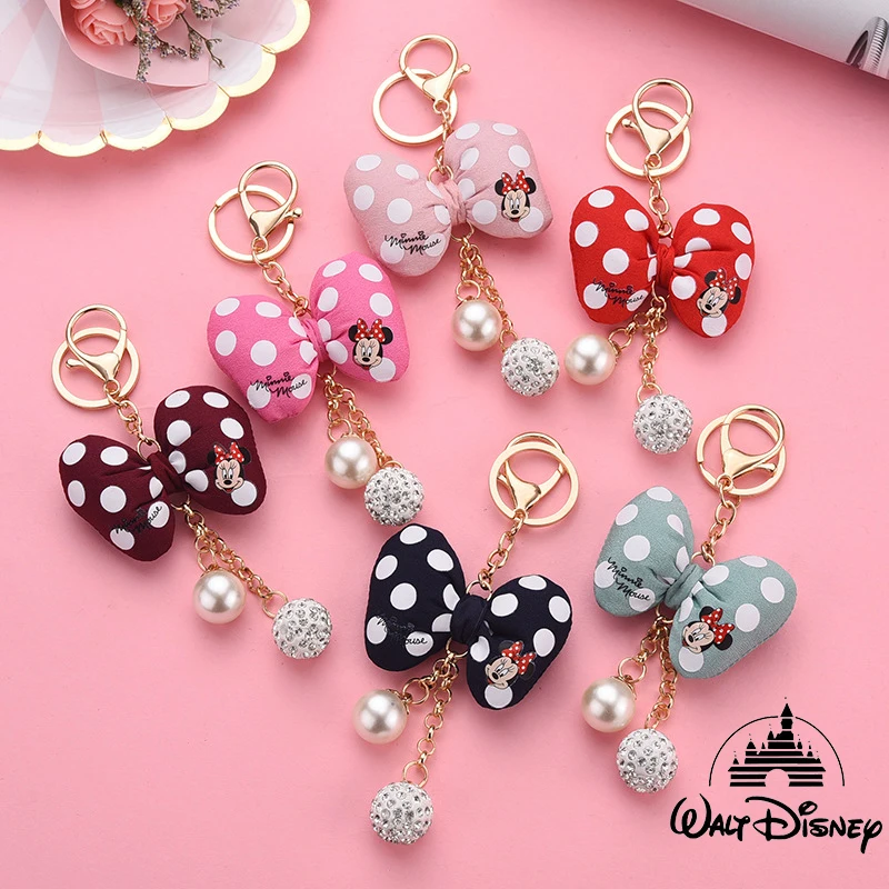 

Disney Mickey Minnie Keychains With Bow Knot Key Chain Porte Clef For Women Bag KeyRing Holder Accessories Hanging Gift