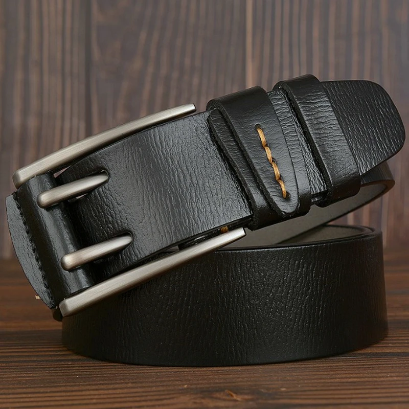 

Fashion Men Vintage Belt British Style Double Pin Buckle High Quality Genuine Leather Belt For Men Casual Jeans Waistband Strap