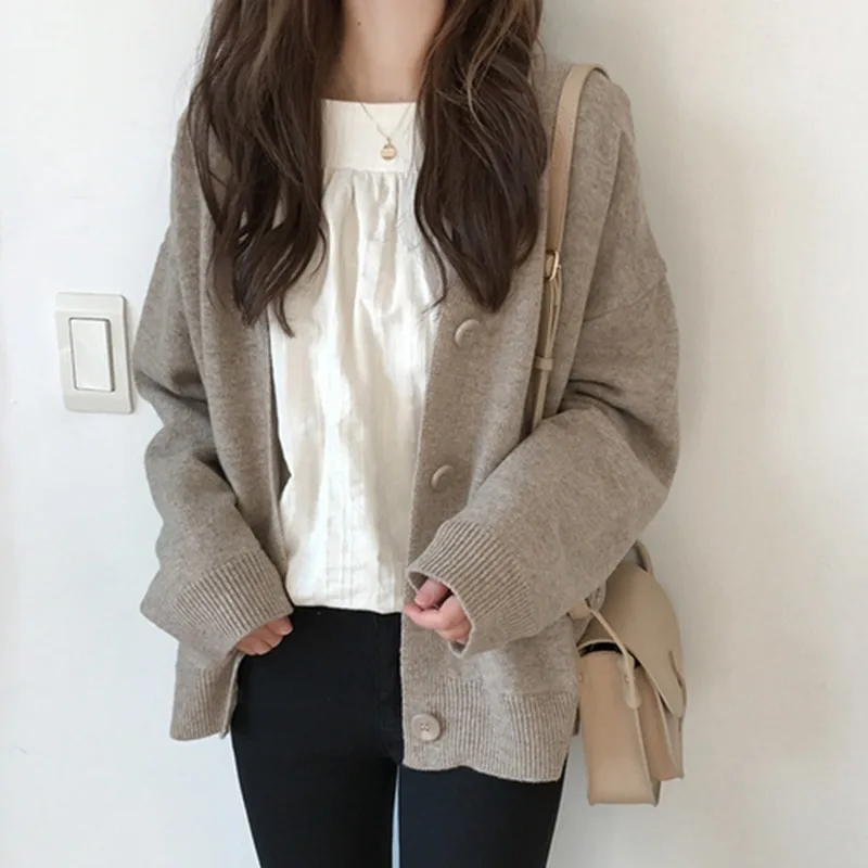 

2020New Women Vintage Cardigan V neck Sweater Fall Soft Cotton Knit Hot Tide Korean Casual Simple Solid color Fashion Jacket