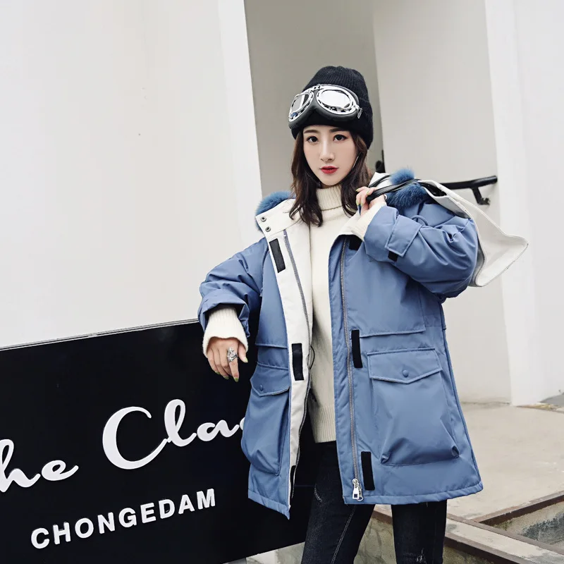 

Winter New Style down Jacket Women's Korean-style Mid-length Large Fur Collar Loose-Fit Waist Hugging Pike down Jacket White Duc
