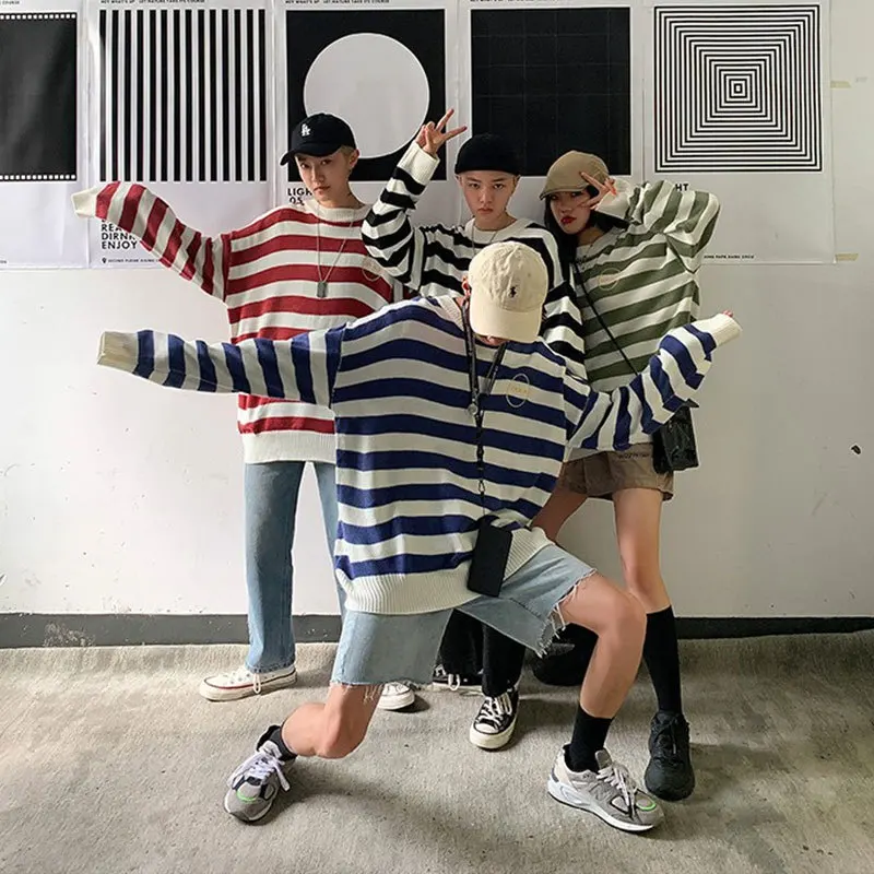 Liketkit 2020 Spring New Sweater Men Korean Couple Striped Embroidery O Neck Oversize Pullovers Male Loose 5