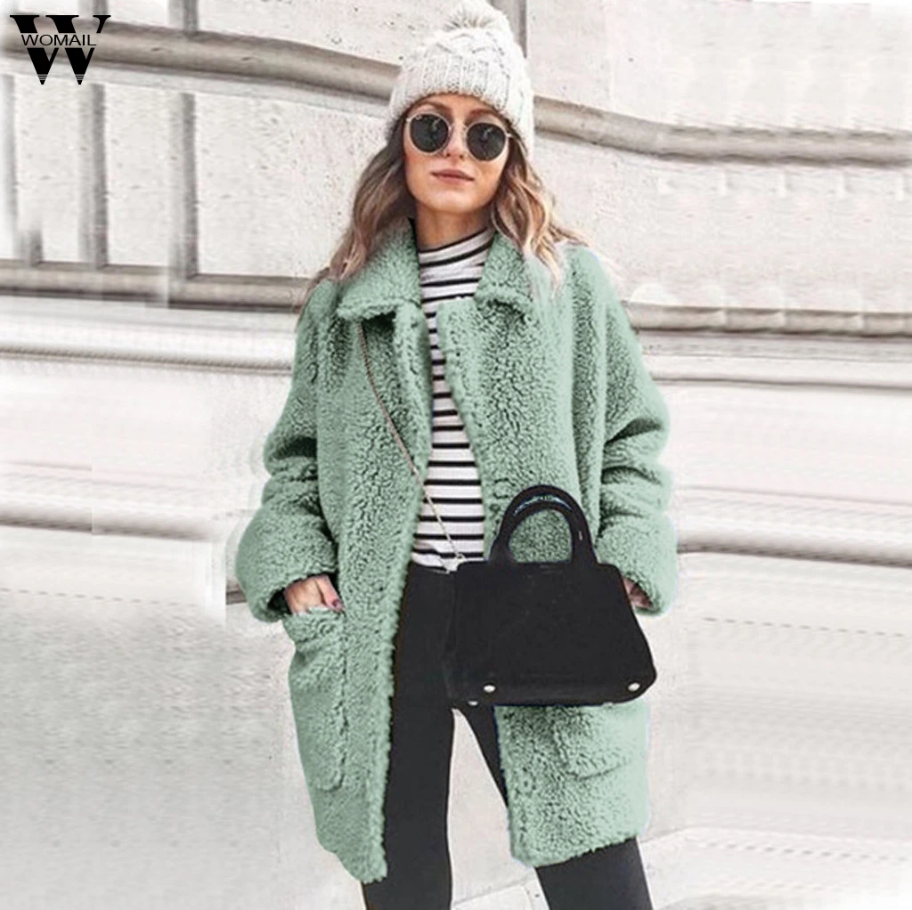 

Womail New Solid Coat Women Autumn Winter Casual Warm Parka Outwear Female Jumper Ladies Pocket Fashion Acrylic Outercoat Coat