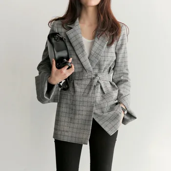 

Women's Blazer 2019 New Fashion Bow Belt Jacket Spring And Autumn Office Lady Ms Gray Plaid Office Dress Elegant Work Jacket