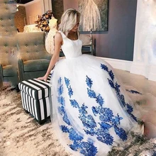 SoDigne Plus Size White Wedding Gown Scoop Blue Lace Appliques Lace-up Wedding Princess Ball Gowns Vestido De Noiva Romantic