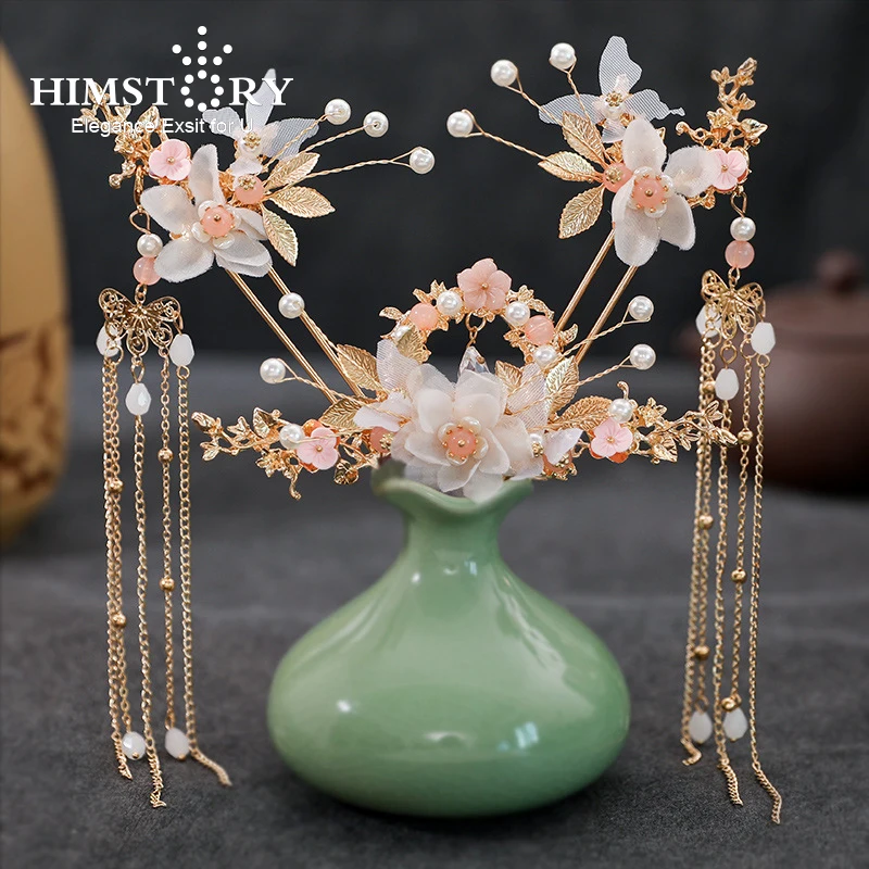 

HIMSTORY Chinese Hanfu Hair Accessories Pink Flower Vintage Handmade Hairpins Long Tassel Traditional Chinese Style Hanfu