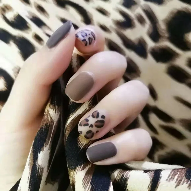 Nusx DIY 24pcs False Nails Tips 3D Matte Leopard Design Full Cover Long Coffin Acrylic Artificial 1