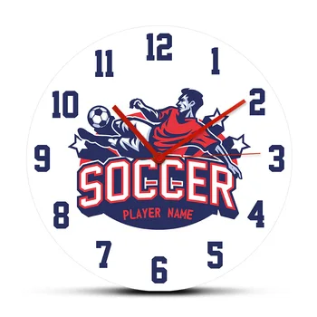 

Soccer Player Doing Bicycle Kick Personalized Player Name Wall Clock Watch Clocks Custom Football Theme Quartz Round Horologe