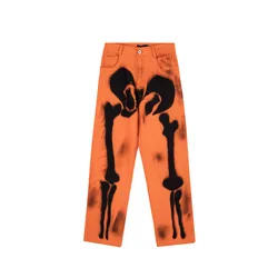 Pantalones vaqueros con estampado de Graffiti para Hombre, Jeans holgados, informales, Punk, Hip Hop, color naranja, Chic, 2021