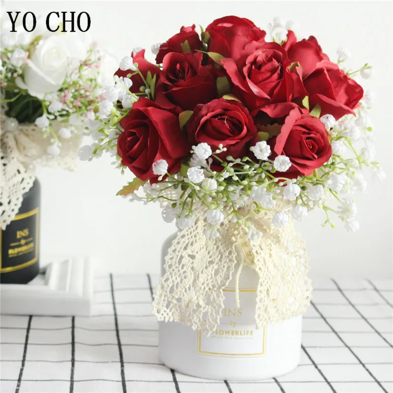 Wedding bouquets artificial rose flowers artificial gypsophila plants YO CHO Bouquet Bride Wedding Flower Bouquet Artificial Silk Rose Fake Babys Breath Pink Bridesmaid Hold Flower Wedding Supplies
