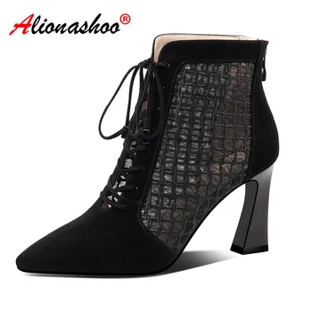 

Women Sexy Summer Boots Lace Cow Suede Crossed Tied High Heel Ankle Boots Black Beige Square Thick High Heels Grey Size 34-39