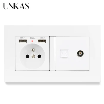 

UNKAS PC Plastic Panel French Standard Socket with 2 USB Charge Port +Female TV Connector and RJ11 Telephone Connector