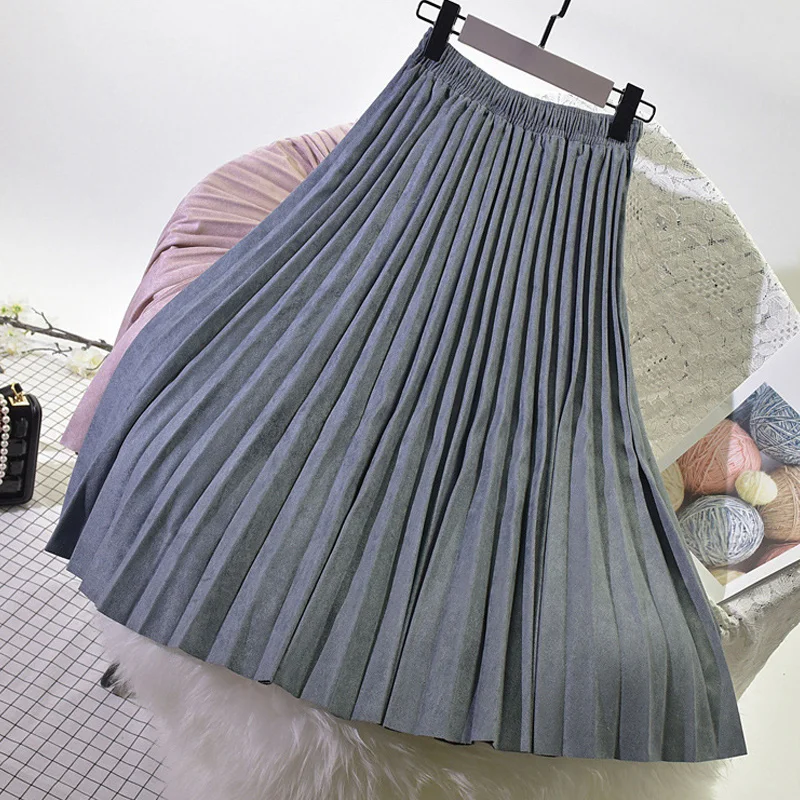 

2019 Two Layer Autumn Winter Women Suede Skirt Long Pleated Skirts Womens Saias Midi Faldas Vintage Women Midi Skirt