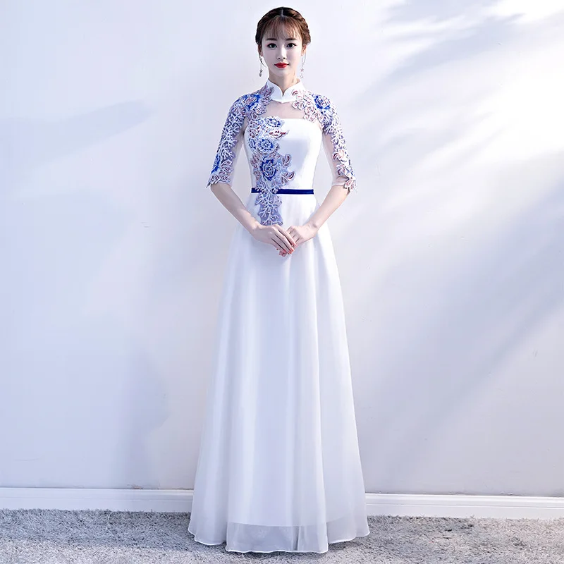 

Classical Stand Lady Show Cheongsam Long Skirt Half Sleeve Exquisite Applique Formal Party Prom Gown Elegant Evening Satin Dress