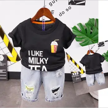 

2020 New Kids Short Sleeve Cartoon Girls Boys Clothes Children Costume Summer Two Piece Set T-shirt + denim shorts 2-7years