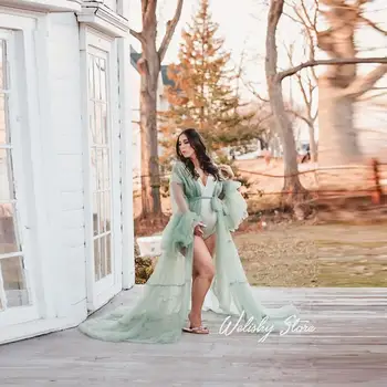 

New Sexy Mint Green Maternity Tulle Dresses Women Long Sheer Floor Length With Train Dress Photo Shoot Pregnancy Prom Gown
